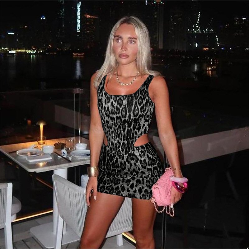 Peeqi K24S49690 sexy summer leopard sequined low cut sleeveless crop top and short skirt 2 piece set bodycon casual women's set