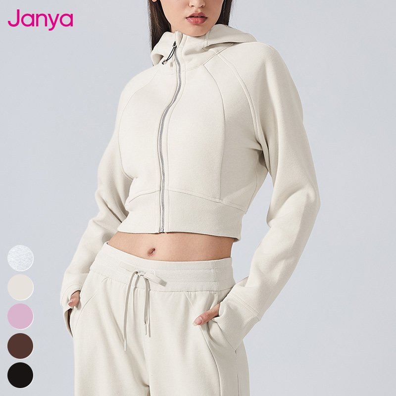 Long Sleeve Thumb Hole Casual Slim Hoodies Sweatshirts Short Fleece Zipper Hooded Sports Top Yoga Sweatshirt Jacket For Women
