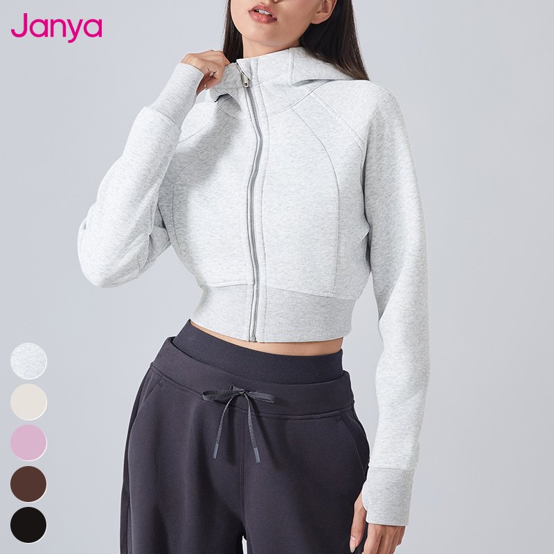 Long Sleeve Thumb Hole Casual Slim Hoodies Sweatshirts Short Fleece Zipper Hooded Sports Top Yoga Sweatshirt Jacket For Women