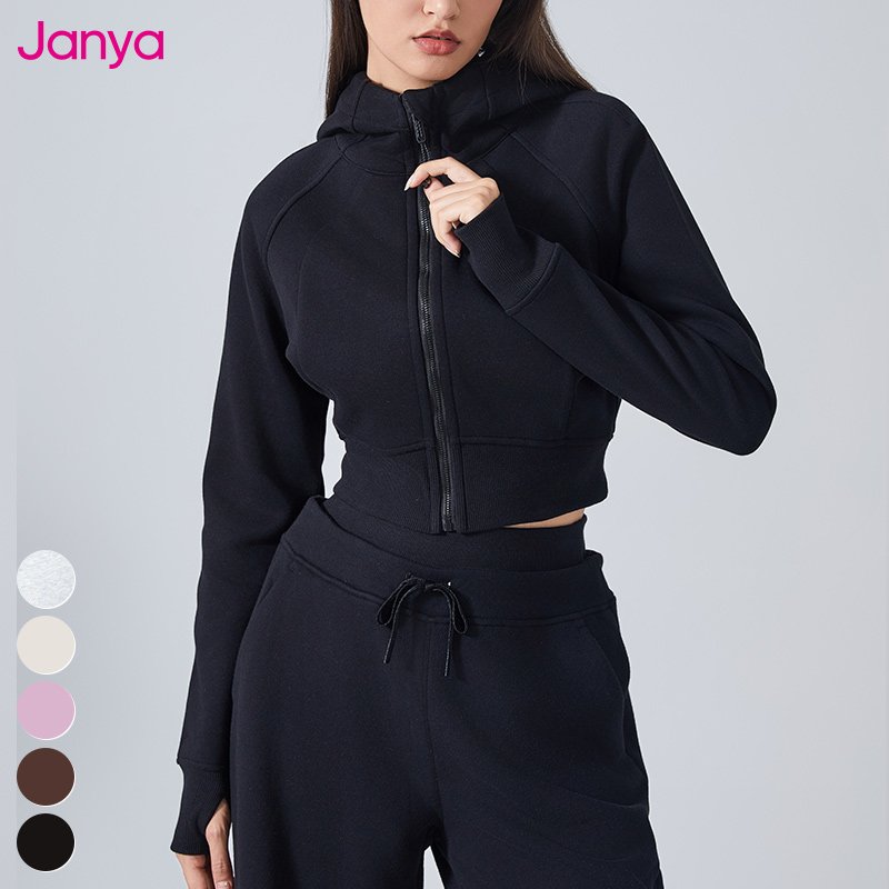 Long Sleeve Thumb Hole Casual Slim Hoodies Sweatshirts Short Fleece Zipper Hooded Sports Top Yoga Sweatshirt Jacket For Women