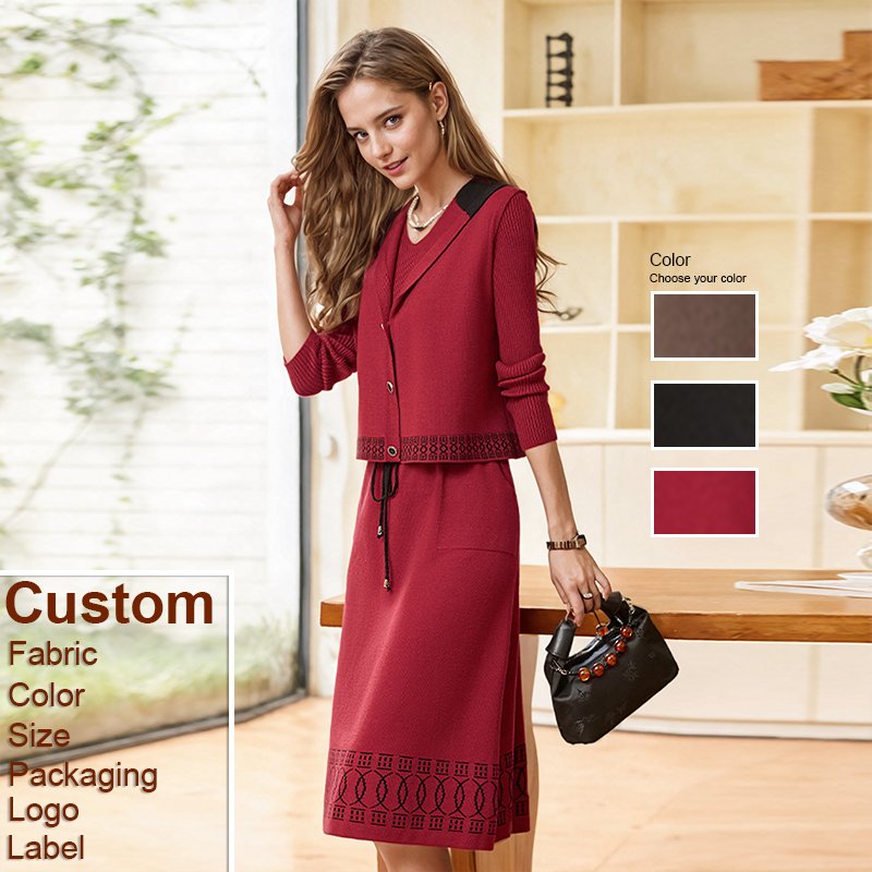 Custom Women's Sets Vestidos Sexis Autumn and Spring New Beige Embroidery Vest Long Sleeved Dress Two Piece Set