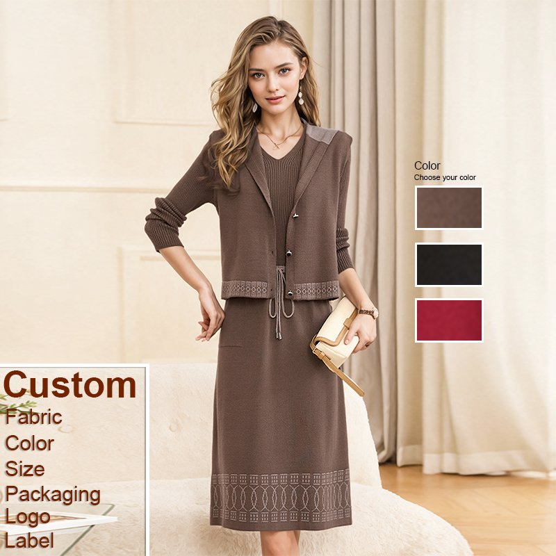 Custom Women's Sets Vestidos Sexis Autumn and Spring New Beige Embroidery Vest Long Sleeved Dress Two Piece Set