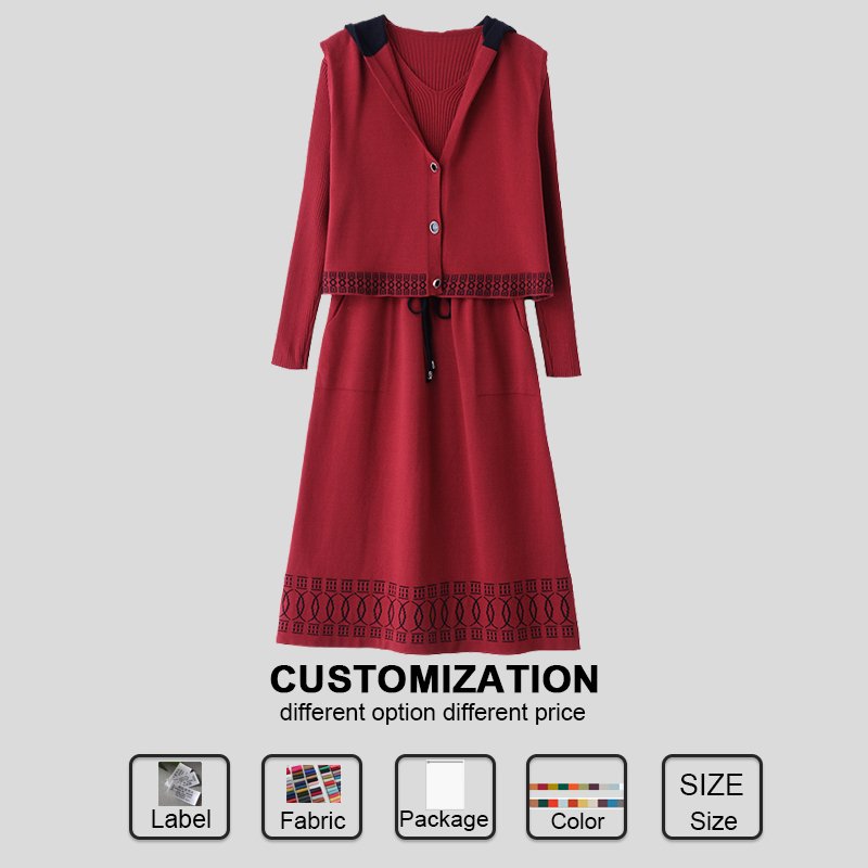 Custom Women's Sets Vestidos Sexis Autumn and Spring New Beige Embroidery Vest Long Sleeved Dress Two Piece Set