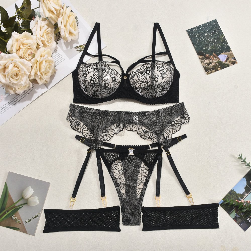 New Luxury Embroidery Transparent Garter 3 Piece Women's Hot Popular Fancy Elegant And Sexy Ladies bra Brief Full Underwear Sets