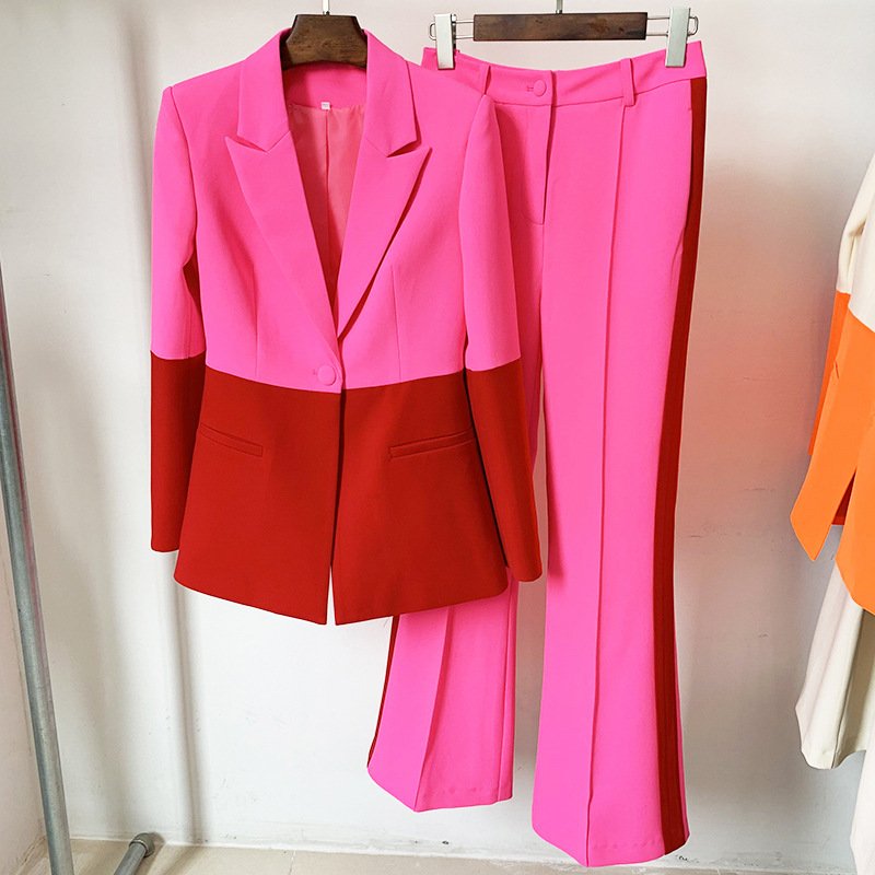 New fashion ladies suits office wear color blocked women set blazer and pant 2 piece set