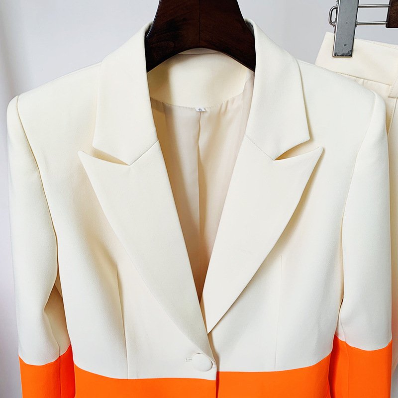 New fashion ladies suits office wear color blocked women set blazer and pant 2 piece set