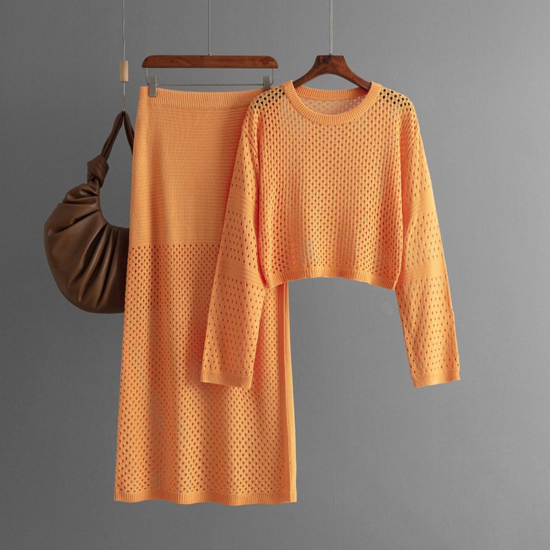Boutique Wholesale 2024 Summer New Fashion Hollow Out Knitwear Long Half Skirt Fashion Women's Set