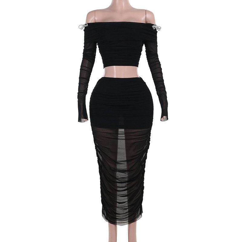Women's Set 2024 Sexy Perspective Mesh Yarn Suit Printed Long Sleeve Short Top Slim Skirt 2-Piece Women's sets