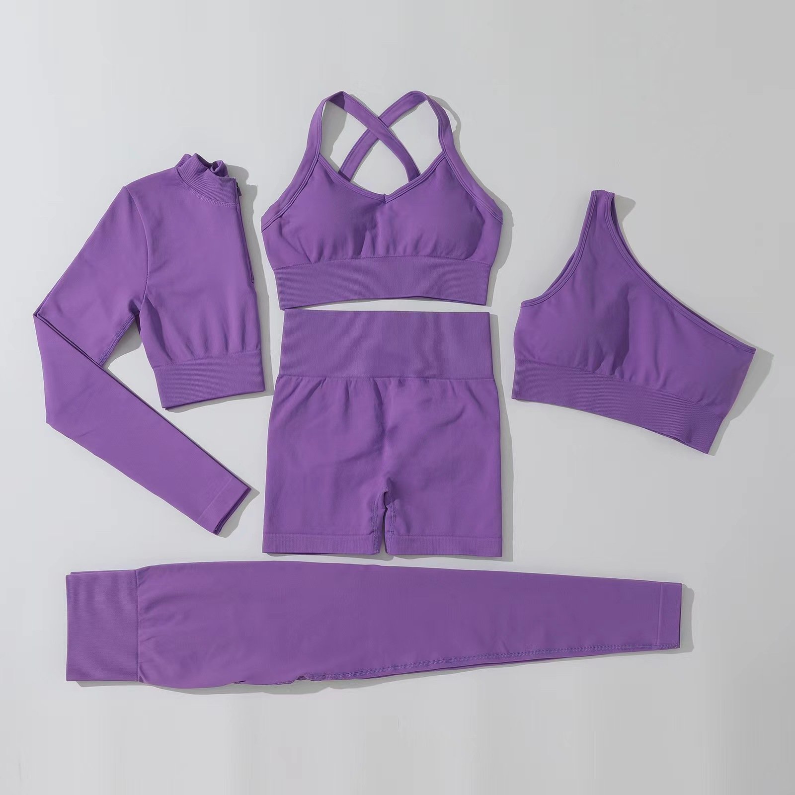 5 Piece High Quality Women Gym Active Fitness Wear Seamless Long Sleeve Scrunch Booty Shorts Yoga Set