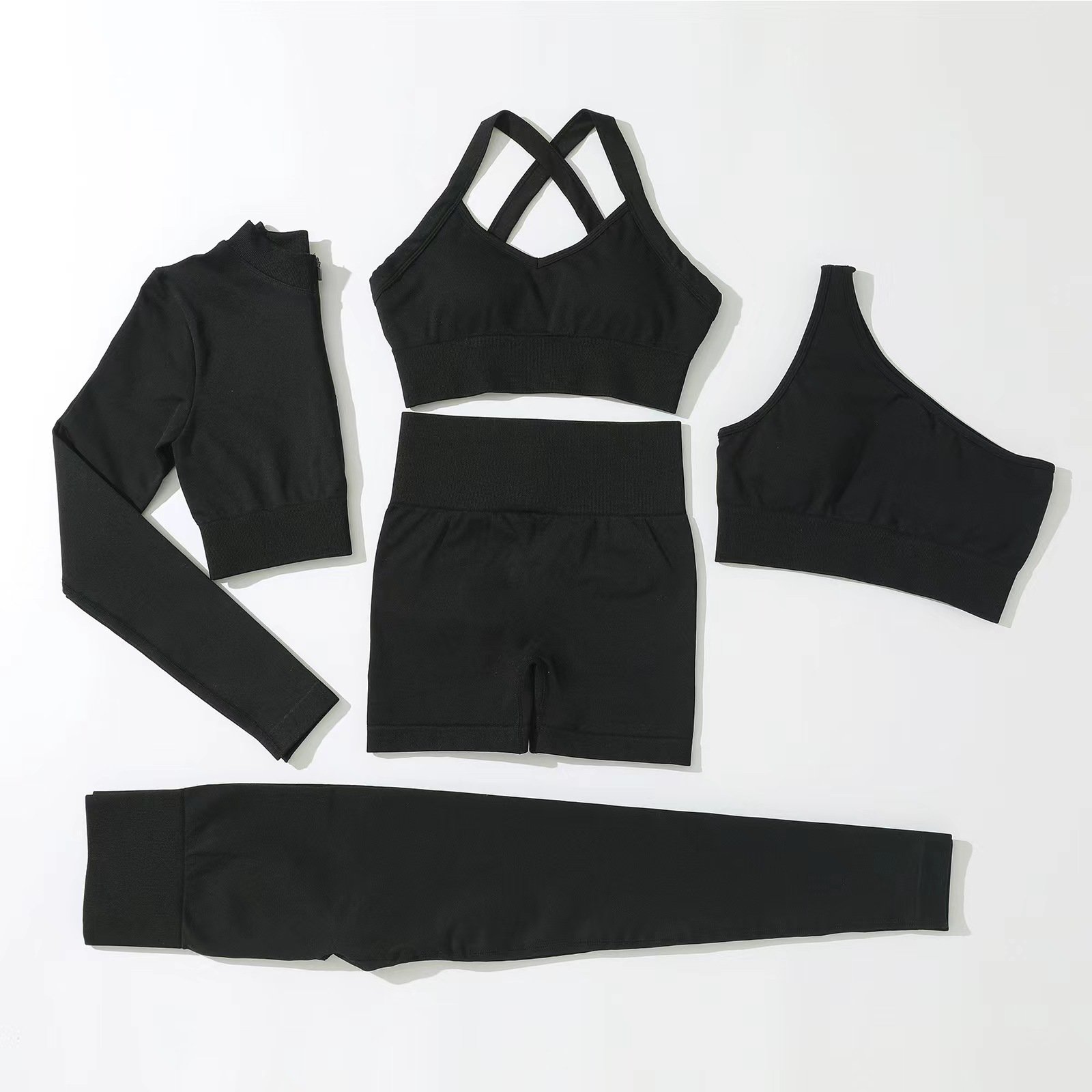 5 Piece High Quality Women Gym Active Fitness Wear Seamless Long Sleeve Scrunch Booty Shorts Yoga Set