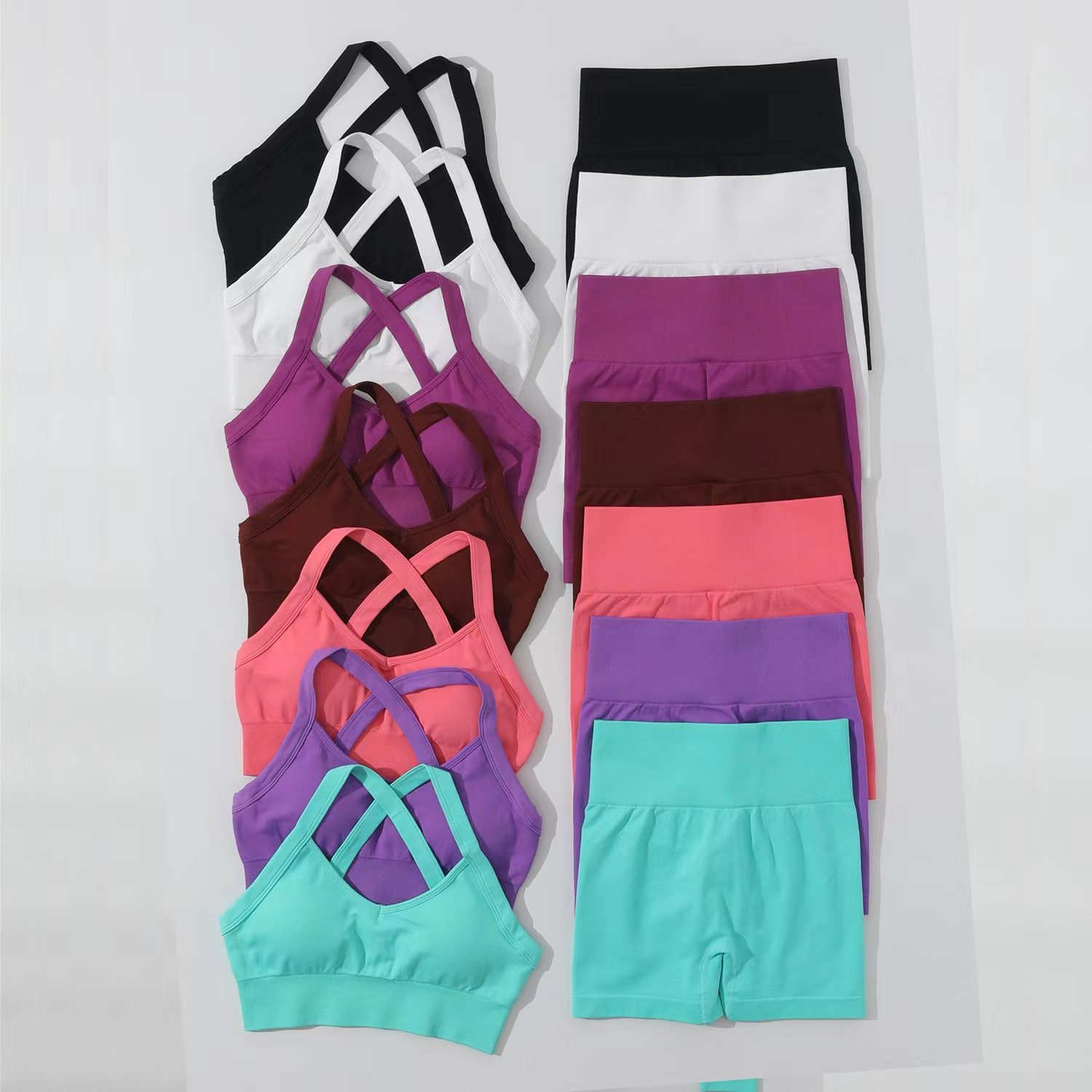 5 Piece High Quality Women Gym Active Fitness Wear Seamless Long Sleeve Scrunch Booty Shorts Yoga Set