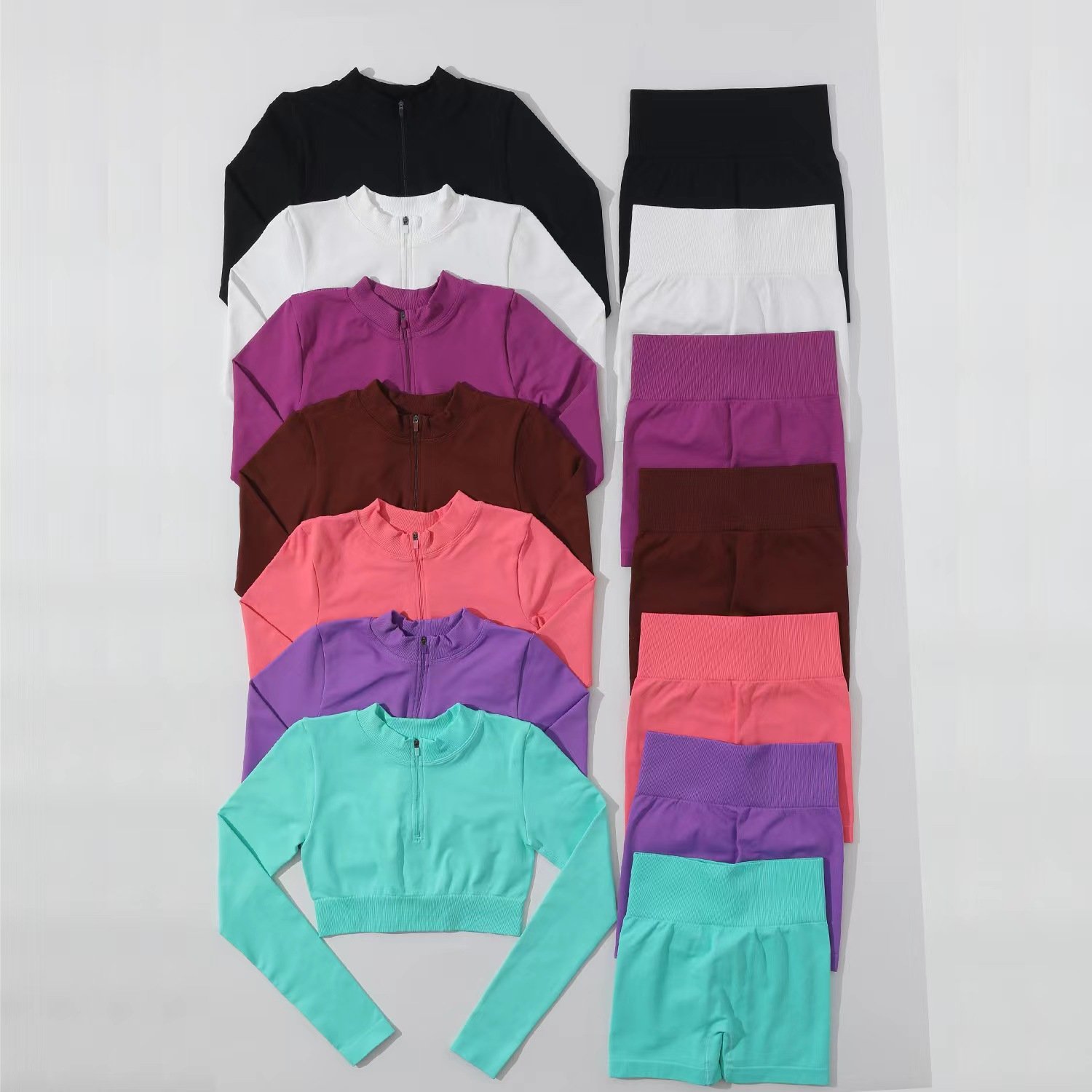 5 Piece High Quality Women Gym Active Fitness Wear Seamless Long Sleeve Scrunch Booty Shorts Yoga Set