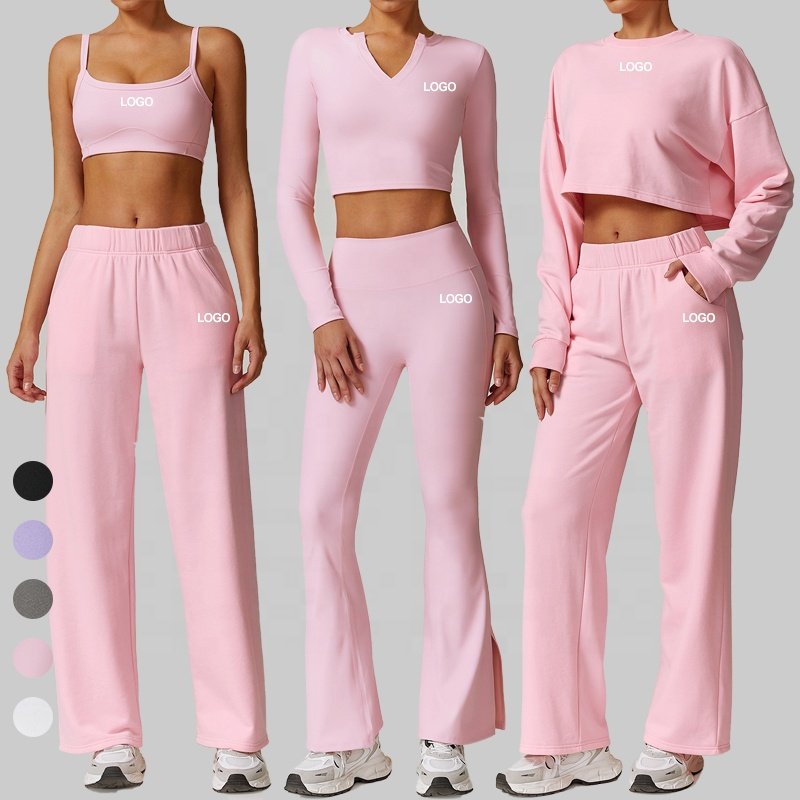 Women's Fall Winter Workout Tracksuits 5pcs Free Matching Yoga Clothes Long Sleeve Crop Top and Flare Pants Gym Fitness sets