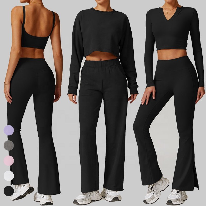 Women's Fall Winter Workout Tracksuits 5pcs Free Matching Yoga Clothes Long Sleeve Crop Top and Flare Pants Gym Fitness sets