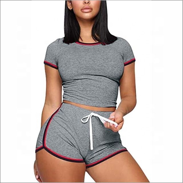 High Quality Women Biker Sets With Custom Knitted Logo On Elastic Comfortable Soft cotton Women Crop Top T Shirt And Short Set