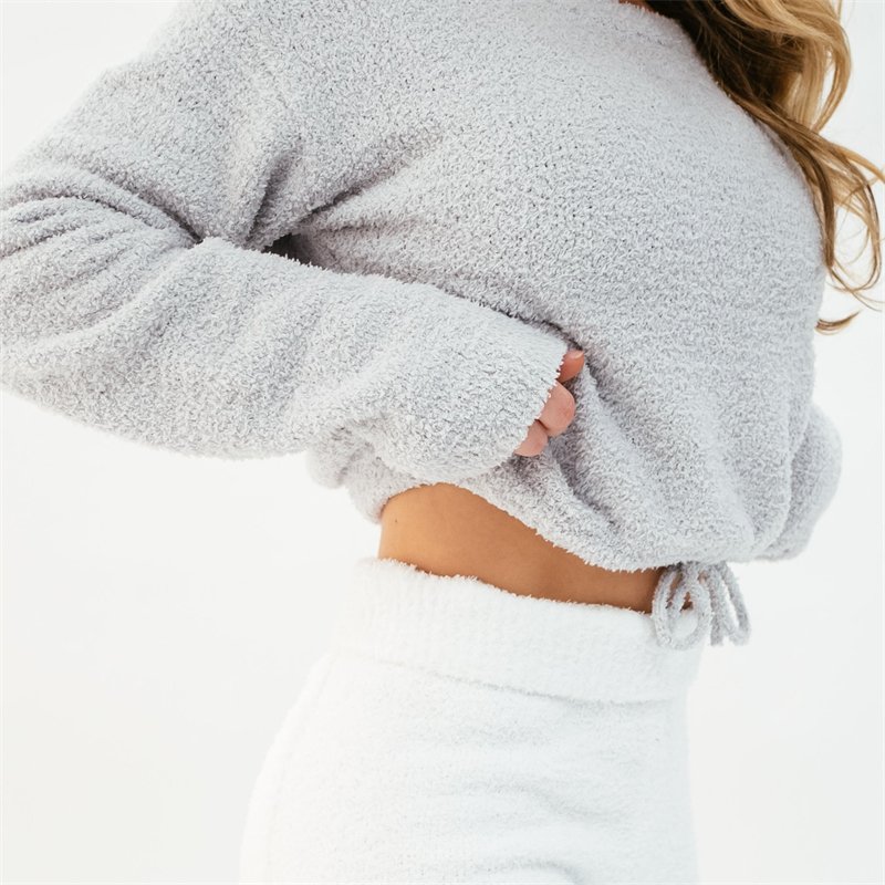 Newly High Quality Custom Logo Soft Plush Oversized Cotton Knitted Women Lounge Wear Fleece Casual Fluffy Sweater Sweatpants Set