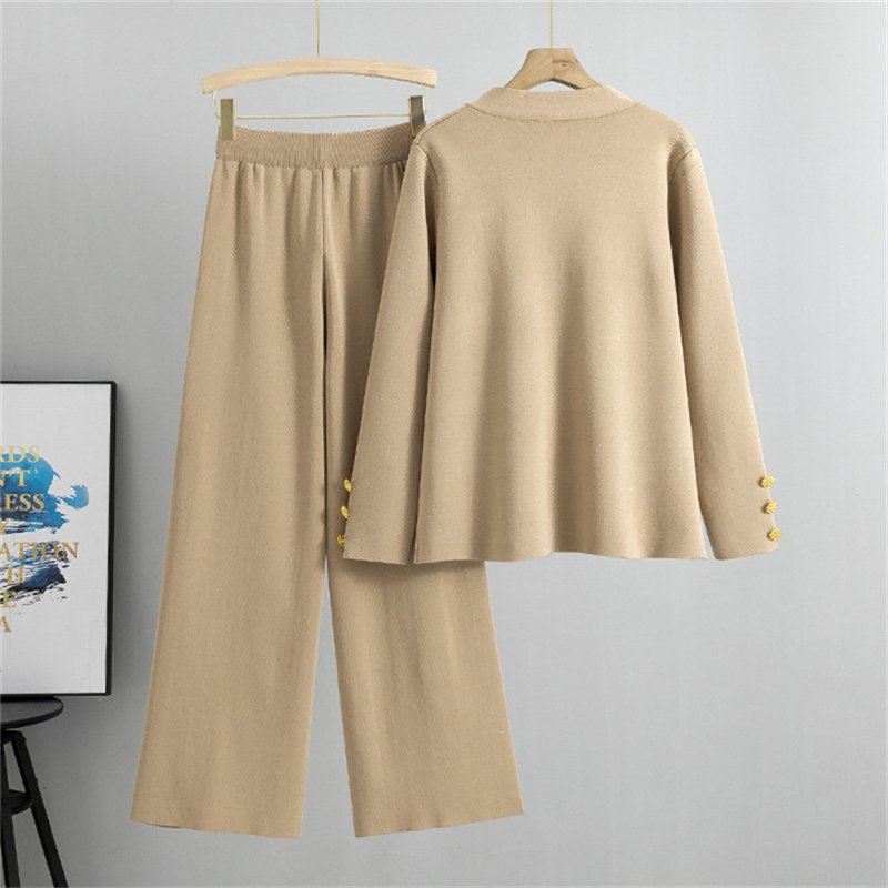 Fall Winter Womens Knit Sweater Sets Large Gold Button V-neck Cardigan Coats Top+ High Waist Baggy Wide Leg Pants 2-piece Set