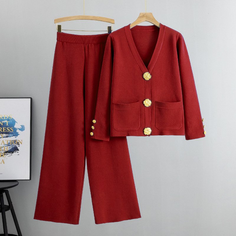 Fall Winter Womens Knit Sweater Sets Large Gold Button V-neck Cardigan Coats Top+ High Waist Baggy Wide Leg Pants 2-piece Set