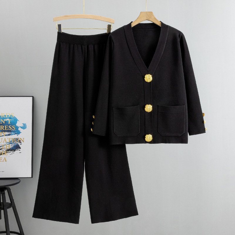 Fall Winter Womens Knit Sweater Sets Large Gold Button V-neck Cardigan Coats Top+ High Waist Baggy Wide Leg Pants 2-piece Set