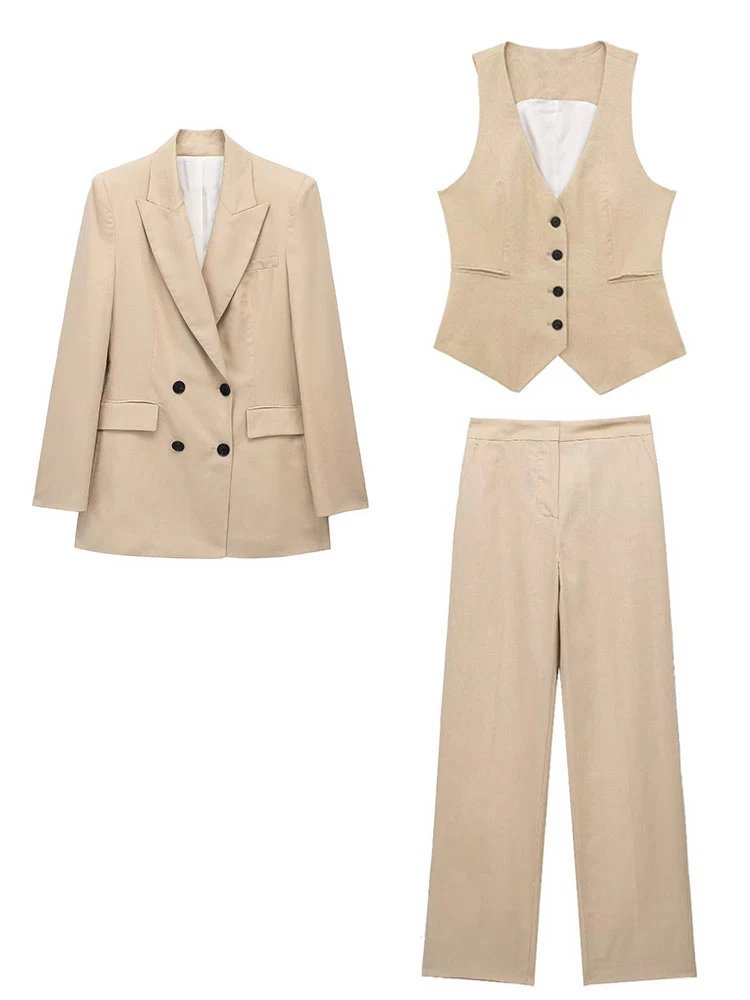 Female Double Breasted Vest Solid OL Suits 3 Pieces Sets Long Sleeves Blazer Loose Trouser Women's Elegant Blazer Vest Pant