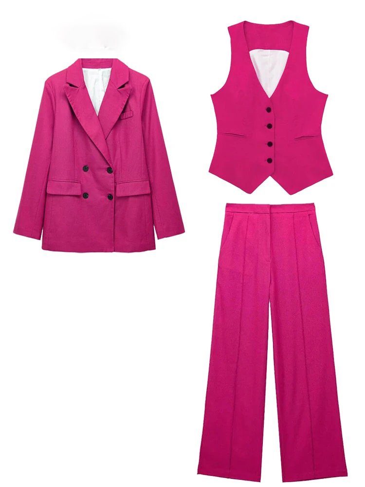 Female Double Breasted Vest Solid OL Suits 3 Pieces Sets Long Sleeves Blazer Loose Trouser Women's Elegant Blazer Vest Pant