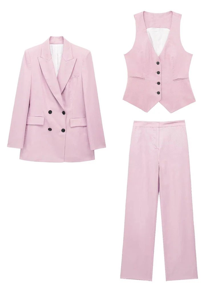 Female Double Breasted Vest Solid OL Suits 3 Pieces Sets Long Sleeves Blazer Loose Trouser Women's Elegant Blazer Vest Pant
