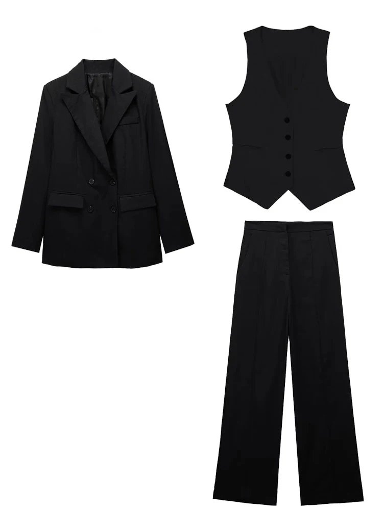 Female Double Breasted Vest Solid OL Suits 3 Pieces Sets Long Sleeves Blazer Loose Trouser Women's Elegant Blazer Vest Pant
