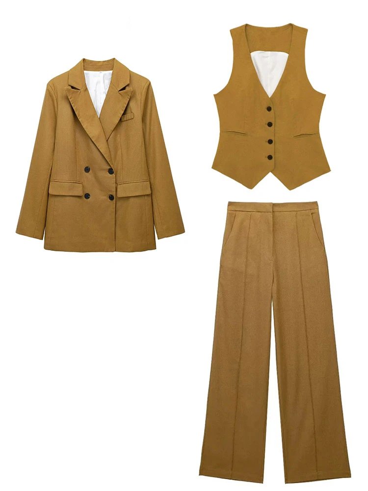 Female Double Breasted Vest Solid OL Suits 3 Pieces Sets Long Sleeves Blazer Loose Trouser Women's Elegant Blazer Vest Pant