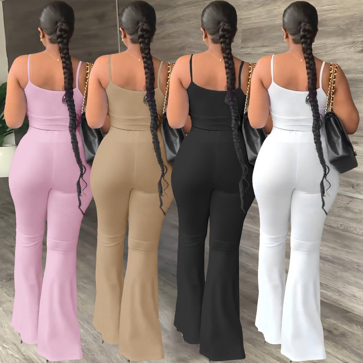 Summer Women Clothing Top Outfits Designer 2 Piece Set Solid Color Suspender With Exposed Navel Flared Pants Women's Sets