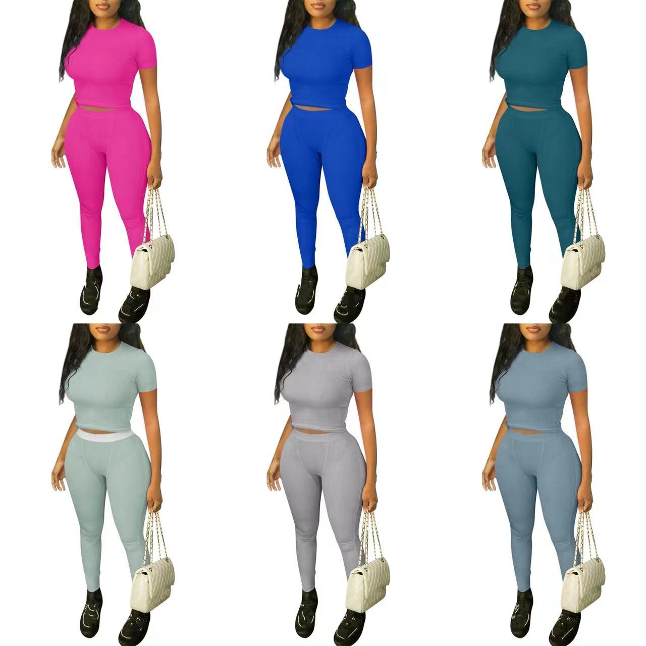 polyester ribbed short sleeves tshirt and legging two 2 pieces women's sets lounge wear loungewear wholesale women sets clothing