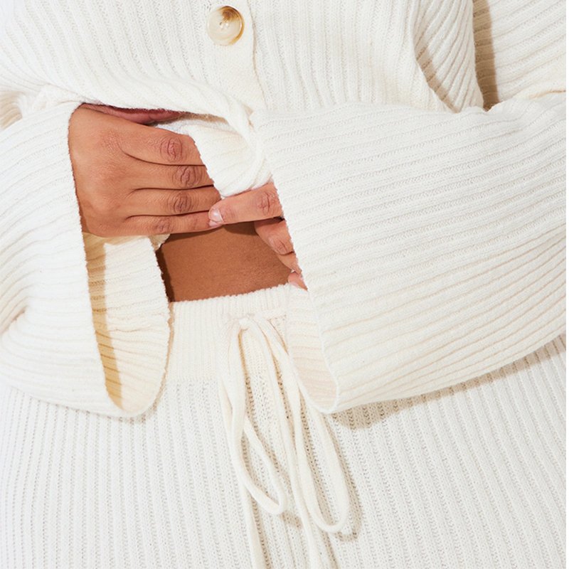 OEM Sweater Sets Rib Knit Fabric Oversized Cardigan Solid Color Long Sleeve Knitted Two Piece Sweater Set For Women