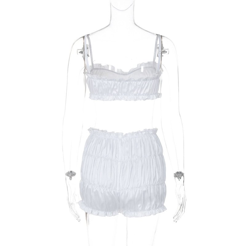 Fashion Sexy Hollow Out Casual Summer Women Ruffle Pleated 2 Piece Crop Top Biker Short Women Two Piece Short Set Women's Sets