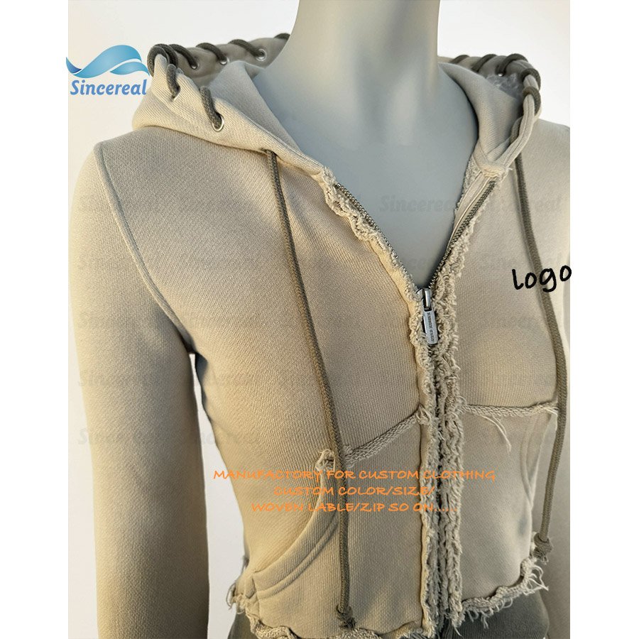 Custom manufacturer plain sweatsuit acid wash distressed zip up cropped hoodie and stack sweatpants outfits set women tracksuit