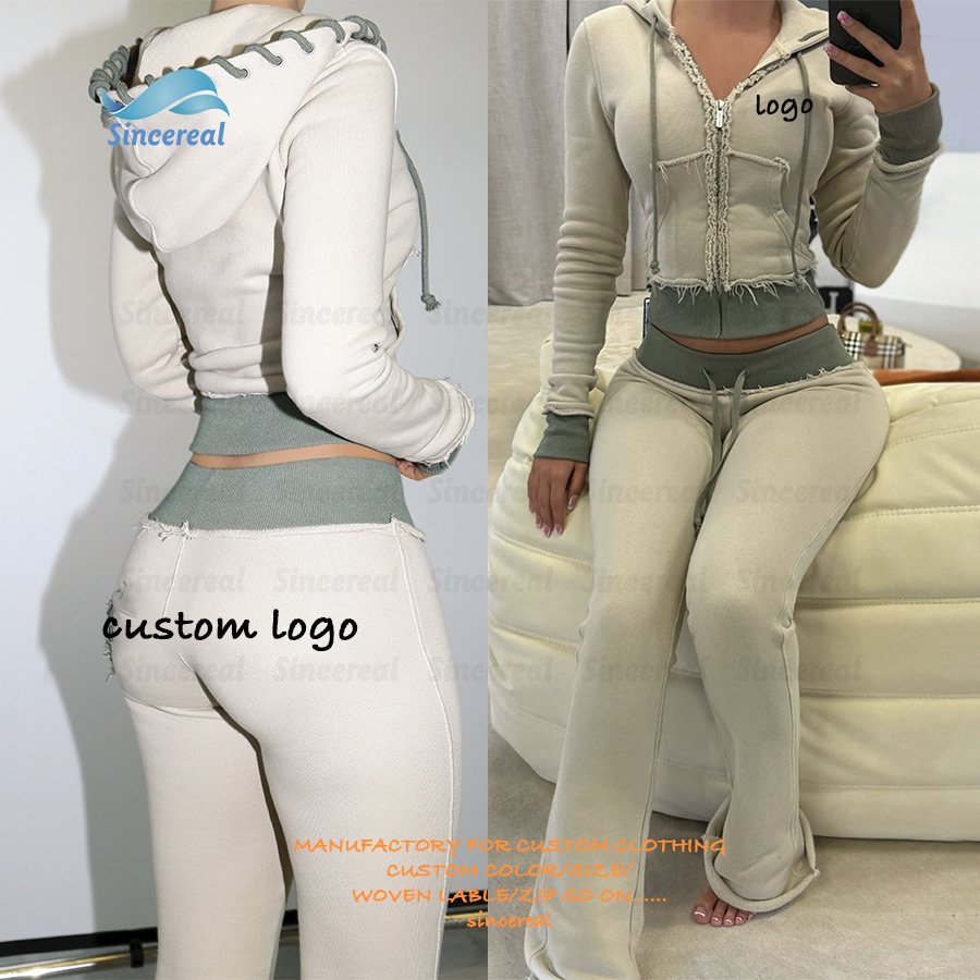 Custom manufacturer plain sweatsuit acid wash distressed zip up cropped hoodie and stack sweatpants outfits set women tracksuit