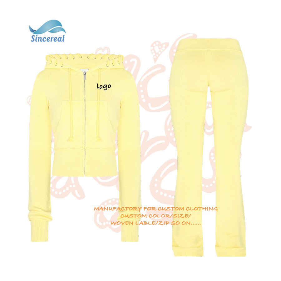 Custom manufacturer plain sweatsuit acid wash distressed zip up cropped hoodie and stack sweatpants outfits set women tracksuit