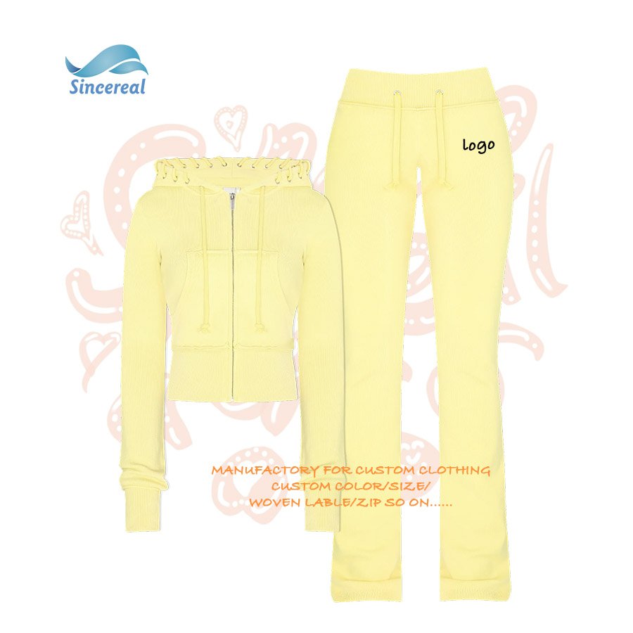 Custom manufacturer plain sweatsuit acid wash distressed zip up cropped hoodie and stack sweatpants outfits set women tracksuit