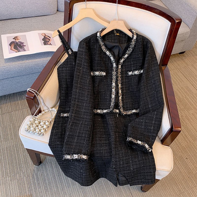 Wholesale Women's Set Autumn Women's Short Cardigan Top Hanging Dress Two Piece Set Plus Size Women's Wear Canvas 100% Polyester