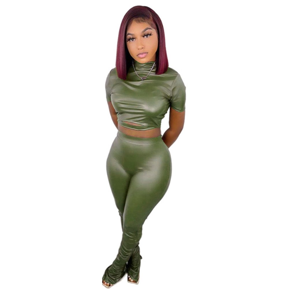 2023 Spring Autumn Sexy Pu Leather Outfits Long Sleeve Slim Tops Stacked Legging Pants Leather 2 Piece Set Women