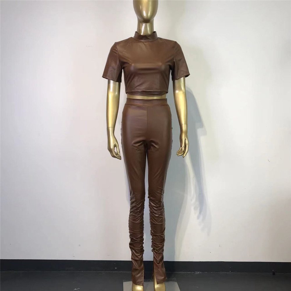2023 Spring Autumn Sexy Pu Leather Outfits Long Sleeve Slim Tops Stacked Legging Pants Leather 2 Piece Set Women