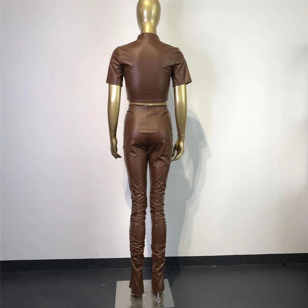 2023 Spring Autumn Sexy Pu Leather Outfits Long Sleeve Slim Tops Stacked Legging Pants Leather 2 Piece Set Women