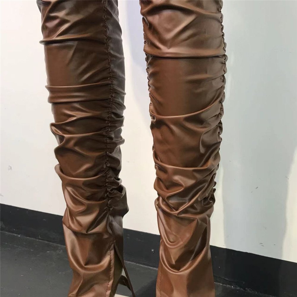 2023 Spring Autumn Sexy Pu Leather Outfits Long Sleeve Slim Tops Stacked Legging Pants Leather 2 Piece Set Women
