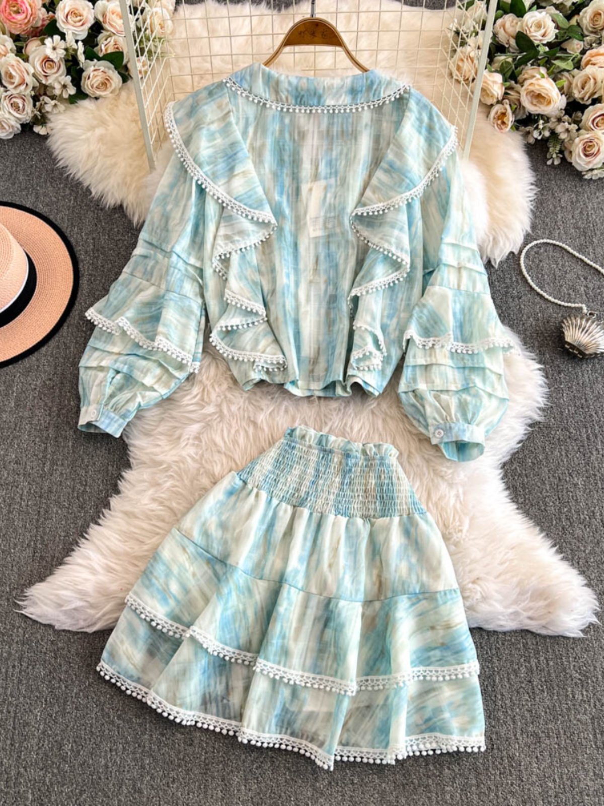 Boutique Wholesale 2024 Autumn New Fashionable French Lantern Sleeve Tie Dye Top Irregular Ruffle Edge Half Skirt Women's Set