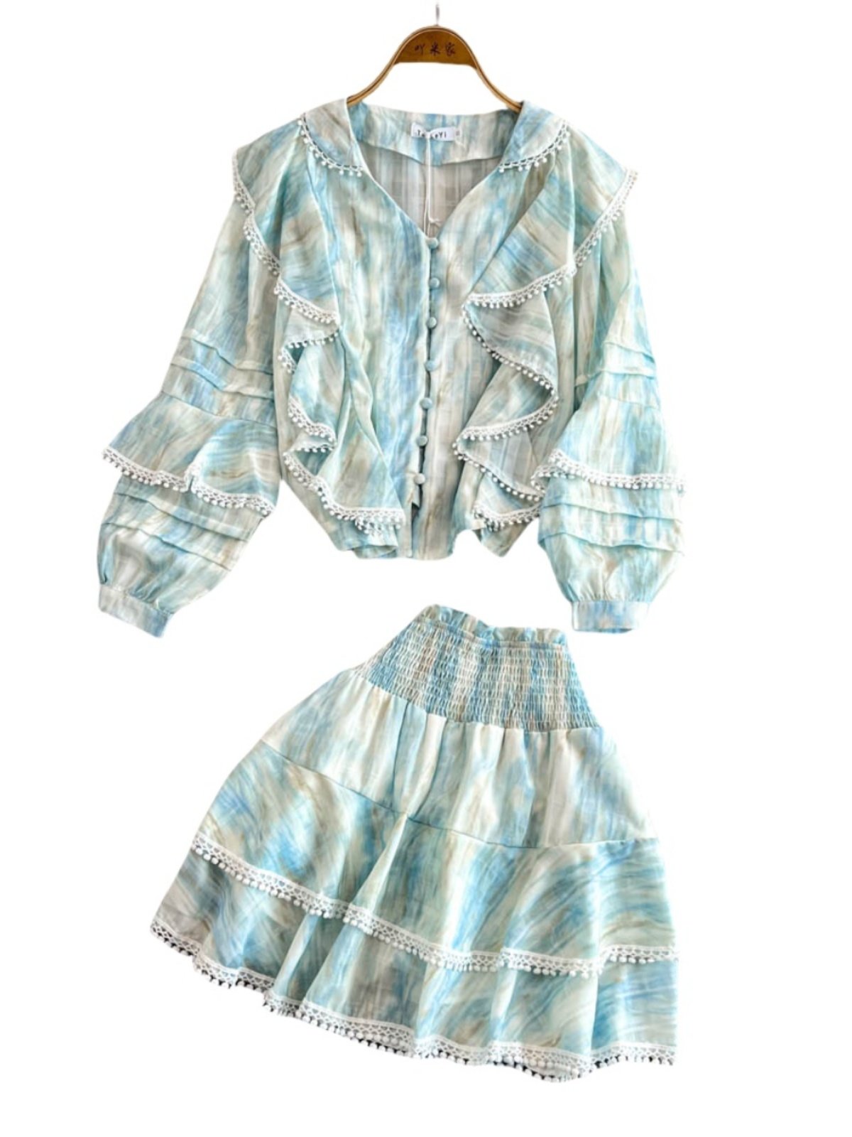 Boutique Wholesale 2024 Autumn New Fashionable French Lantern Sleeve Tie Dye Top Irregular Ruffle Edge Half Skirt Women's Set