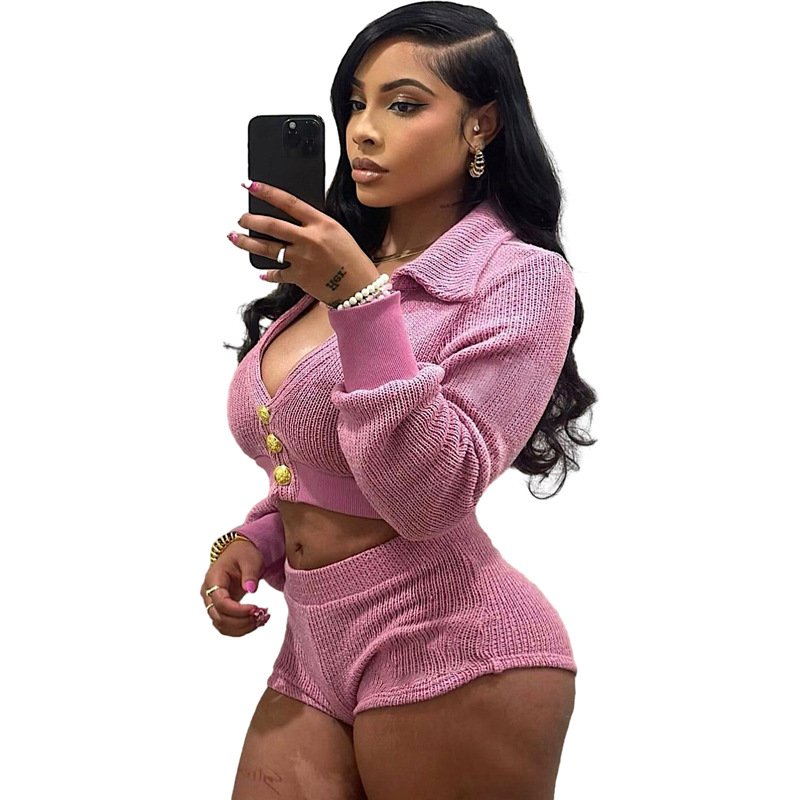 Peeqi W24S44311 sweater knitted long slesve crop top coat and shorts 2 piece set bodycon casual elegant streetwear women's set