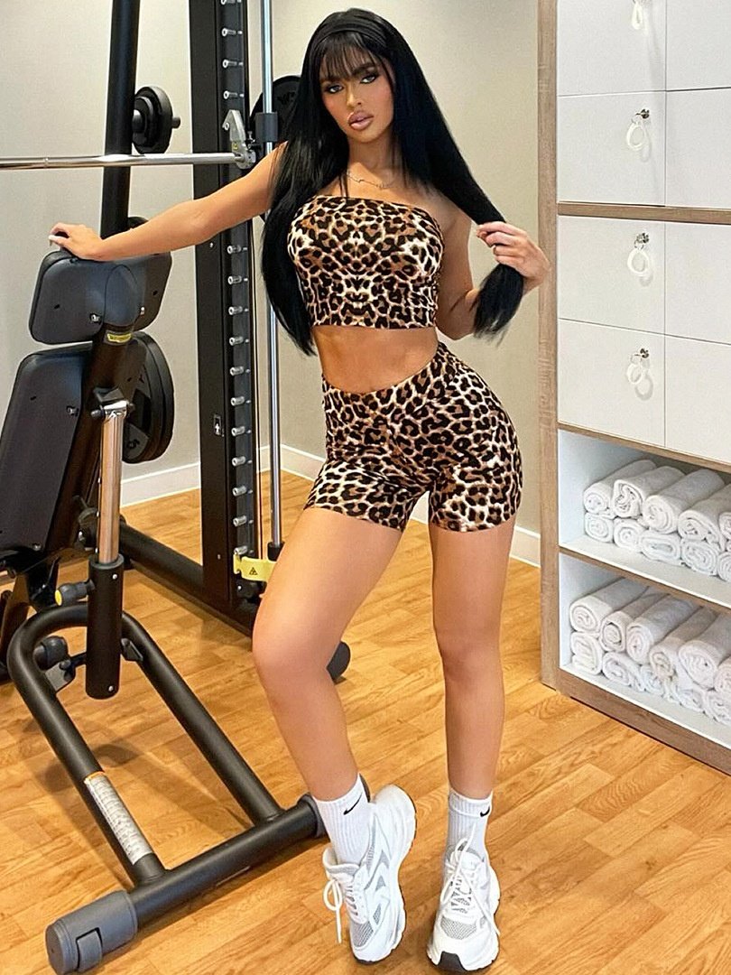 JY summer 2024 women two piece shorts set leopard print corset top leisure suit 2 pieces sexy tracksuit for women