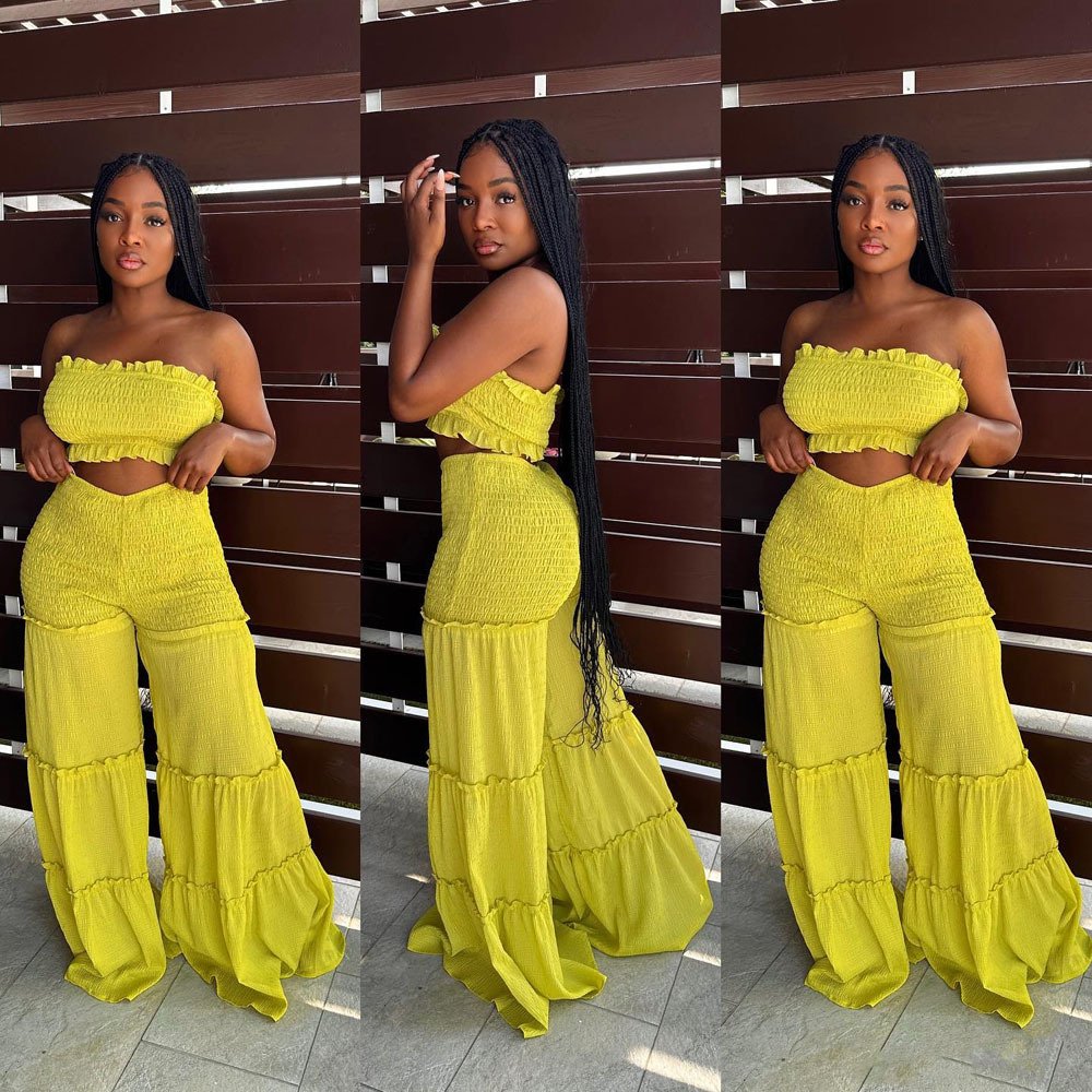 Pleated 2 Woman Outfits Summer Solid Color Boho Flared Tube Top Two Piece Smocked Wide Leg Pants Set