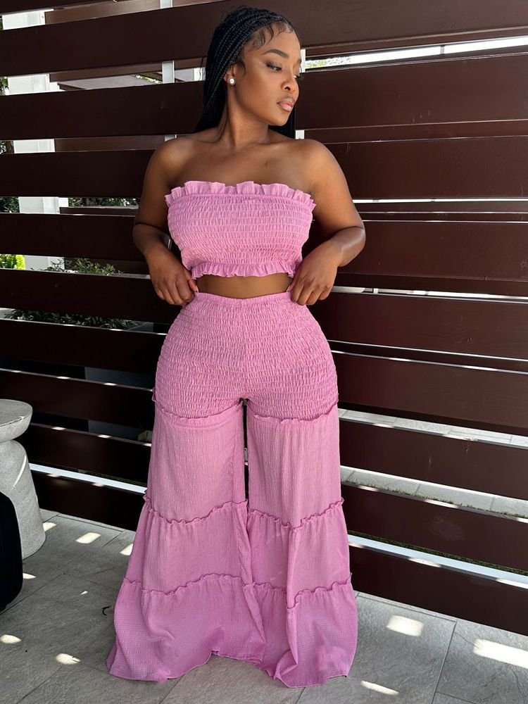 Pleated 2 Woman Outfits Summer Solid Color Boho Flared Tube Top Two Piece Smocked Wide Leg Pants Set