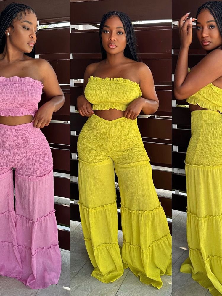 Pleated 2 Woman Outfits Summer Solid Color Boho Flared Tube Top Two Piece Smocked Wide Leg Pants Set