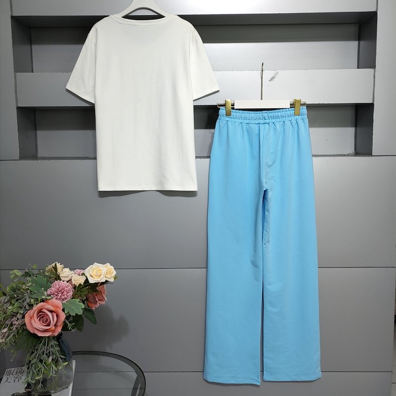 Fashion Two Piece Pants Set Rhinestone Short Sleeve Tshirt 2023 Summer Printed Women'S Suit
