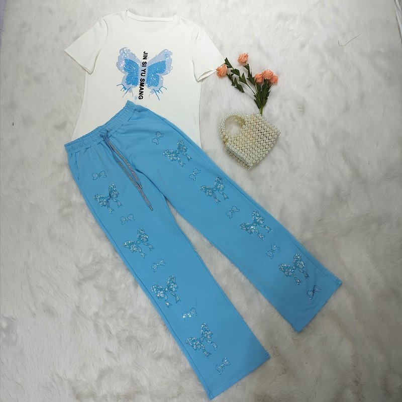 Fashion Two Piece Pants Set Rhinestone Short Sleeve Tshirt 2023 Summer Printed Women'S Suit